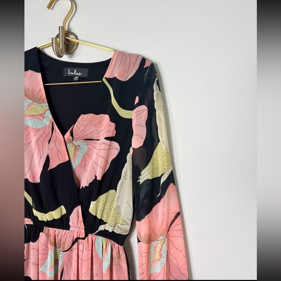 EUC Lulus Wondrous Water Lilies Black Floral High Slit Print Maxi Dress Size XS - Picture 11 of 16